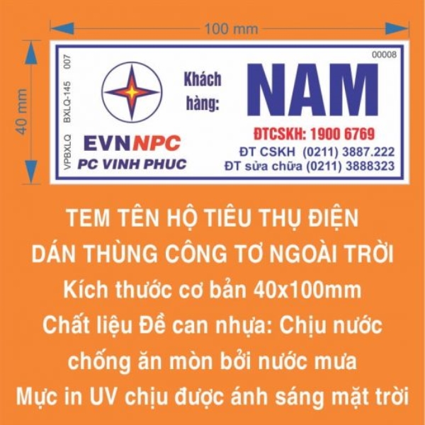 Tem nhãn hộ sử dụng điện - In Nam Hải - Công Ty TNHH In Nam Hải